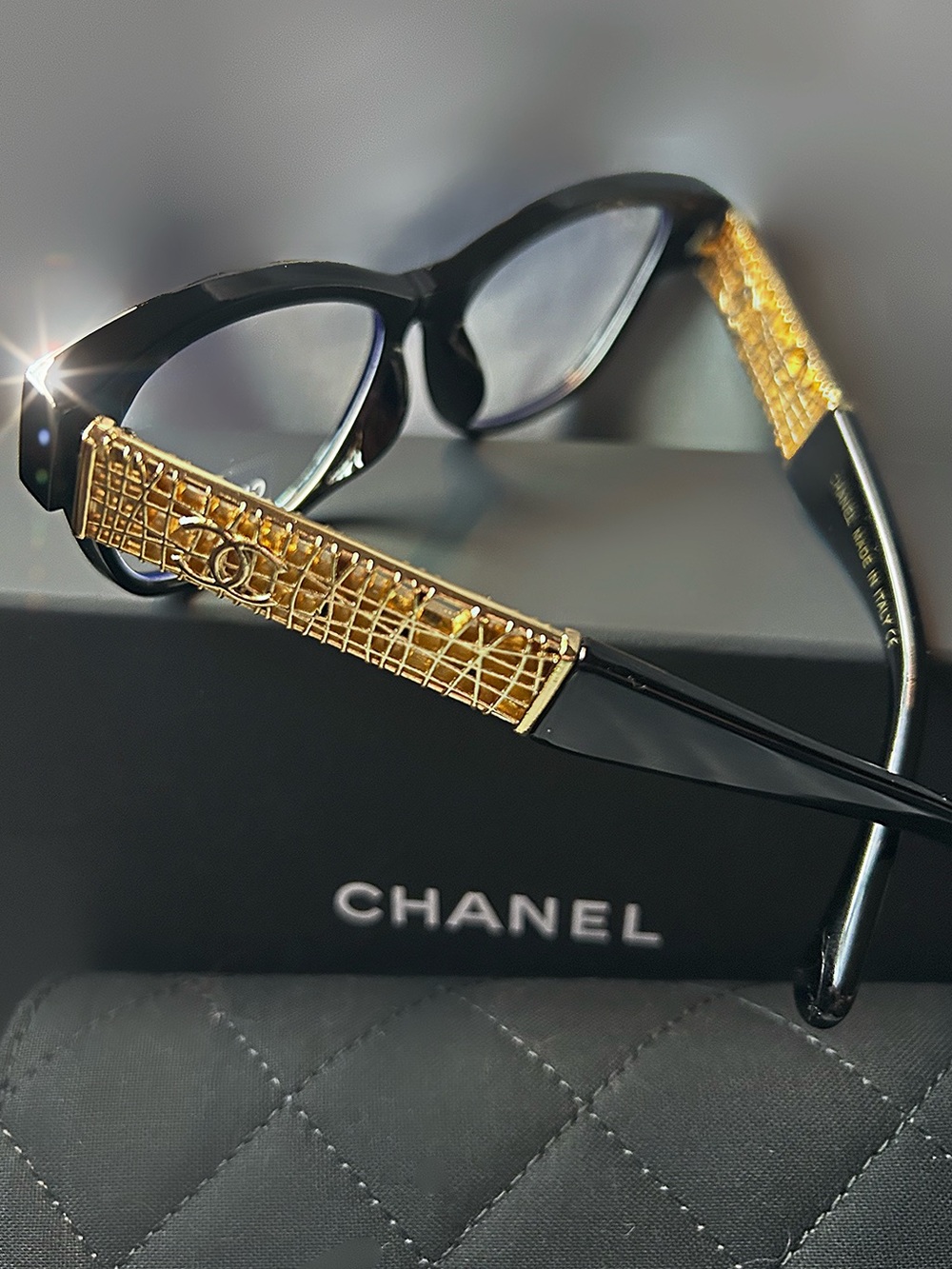 Blue light Protective CHANEL Black Frames with Gold Mesh Temple Sunglasses